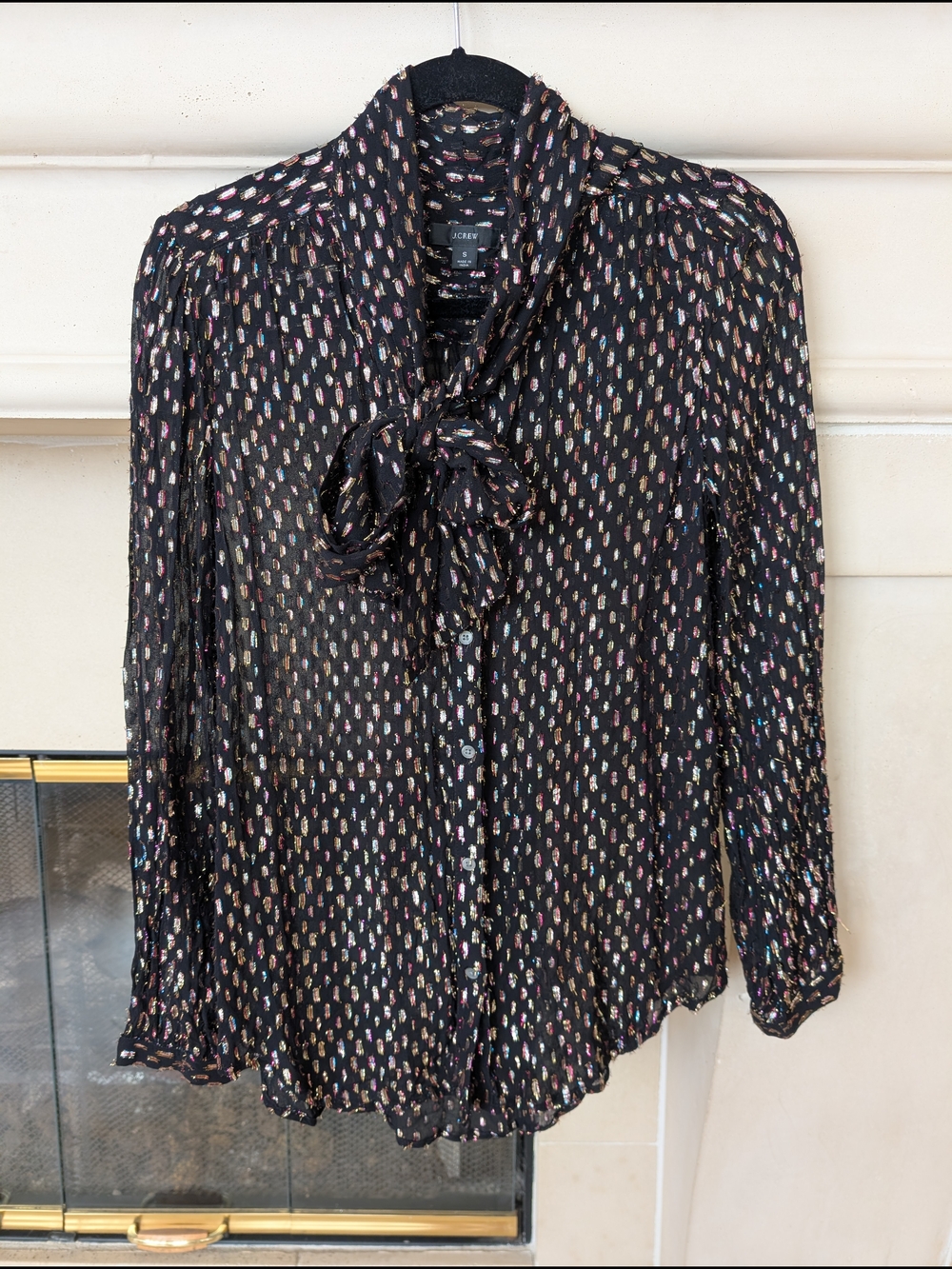 J. Crew Black Metallic Dot Tie-Neck Button Down Blouse